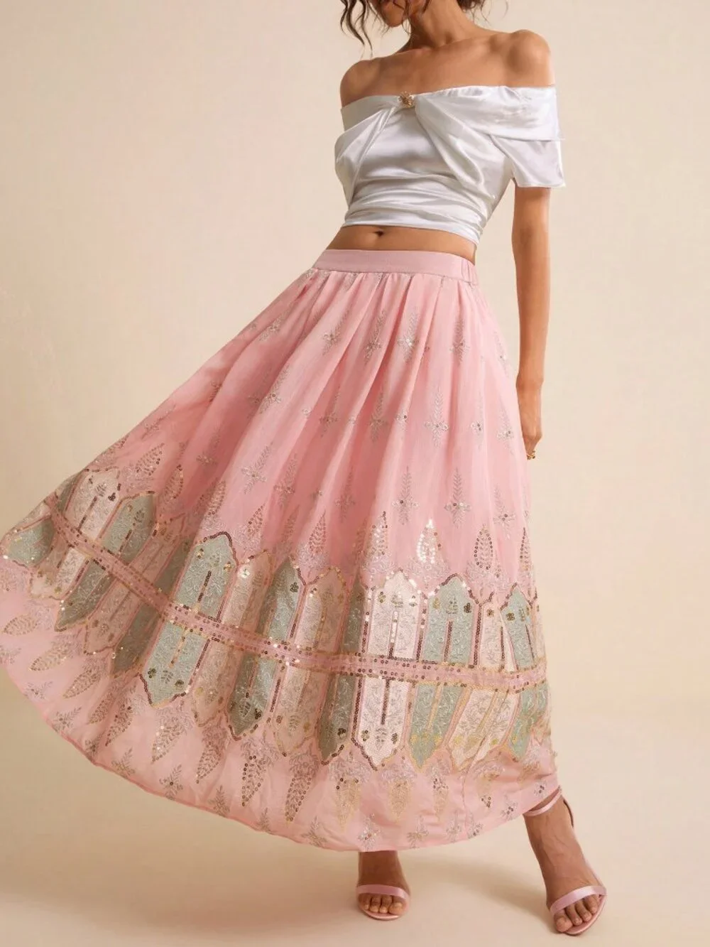Pink Elegant Women's Chiffon Maxi Skirt With Bead And Thread Embroidery - Picture 3 of 6